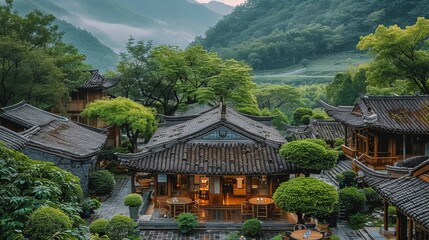An ancient Chinese style tea house with stone walls and thatched roof buildings surrounded by green trees. Aerial high view. Generative AI.