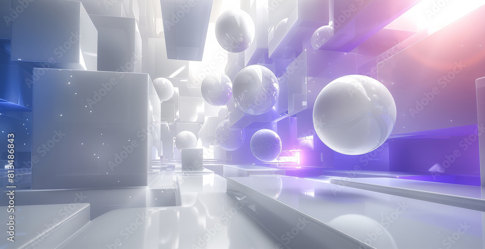 Leinwandbilder An abstract background of the shapes of spheres in the composition and floating cube or rectangular boxes around the screen to create a 3D effect. Generative AI.