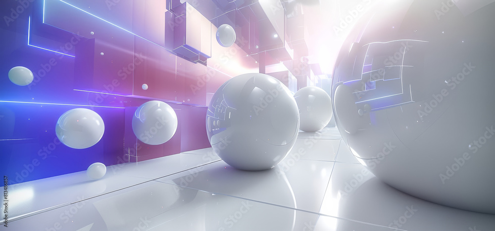 Leinwandbilder An abstract background of the shapes of spheres in the composition and floating cube or rectangular boxes around the screen to create a 3D effect. Generative AI.