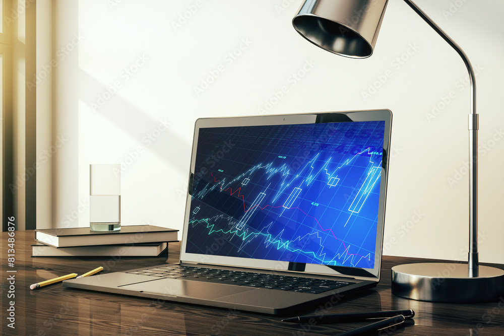 Poster Modern computer display with abstract financial graph, financial and trading concept. 3D Rendering