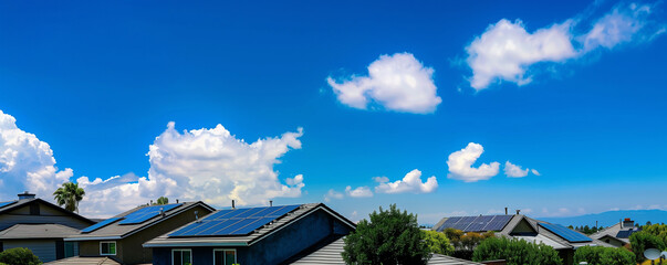 Solar Panels on House Roofs in a Sunny Suburban Neighborhood