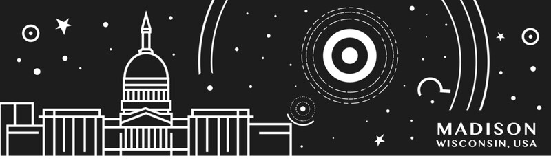 Obraz premium Madison, Wisconsin city thin line style banner with black and white cityscape and skyline. Chalkboard vector horizontal illustration, header, footer for USA, American state