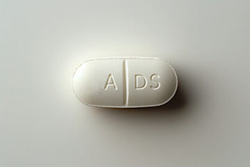 Minimalistic white pill embossed with &lsquo;AIDS&rsquo; on a clean background, evoking themes of pharmaceuticals and healthcare treatment - AI generated