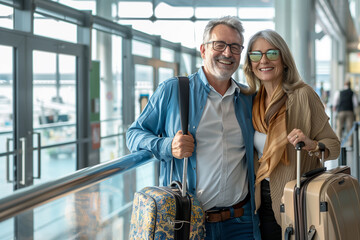 Traveler smiling couple of mature elderly people in airport area for arriving or departing trip holding luggages. Travel, vacation, freedom concept