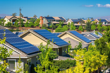 Suburban Neighborhood with Solar Panels on Every Roof Promoting Green Energy