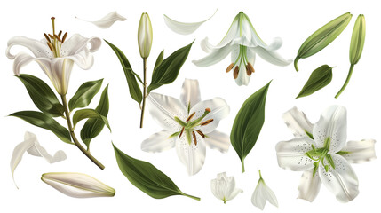 Naklejka premium Set of lily elements including lily flowers, buds, petals, and leaves,