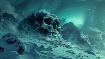 Frosty Skull with Northern Lights in Mountainous Terrain
