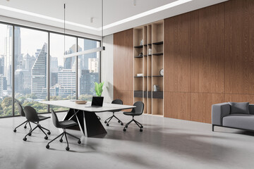 Modern office meeting room interior with table and chairs, panoramic window