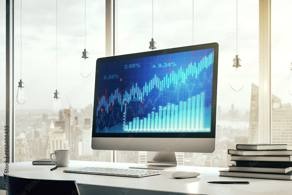Poster Modern computer monitor with abstract creative financial chart, research and strategy concept. 3D Rendering