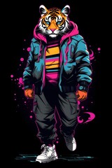 Trendy Tiger Character Prowling the Streets in Retro 90s Synthwave Inspired Streetwear