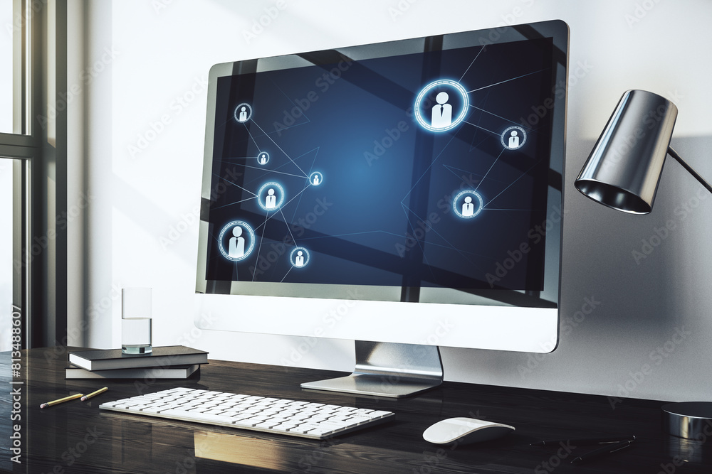 Aufkleber Modern computer monitor with social network icons concept. Marketing and promotion concept. 3D Rendering