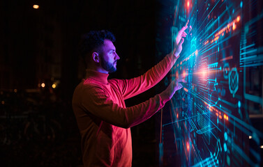 Businessman touching and examining big blockchain data at night