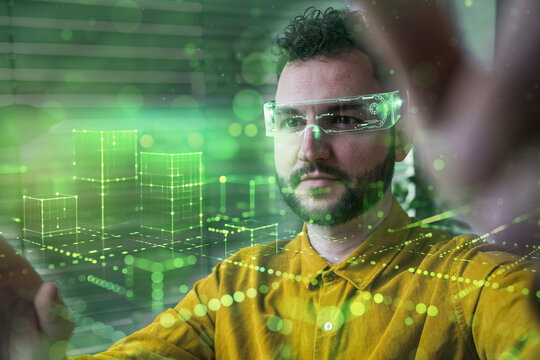 Businessman wearing smart glasses and examining blockchain data
