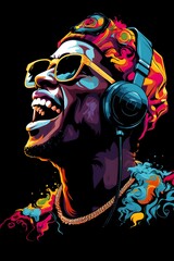 Vibrant Hip Hop Performer with Bling Headphones and Microphone on Psychedelic Stage