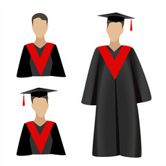 Man in graduation ceremonial clothing. Set of graduate hats, academic squares or student caps and mantles in different colors. Jpeg isolated on white