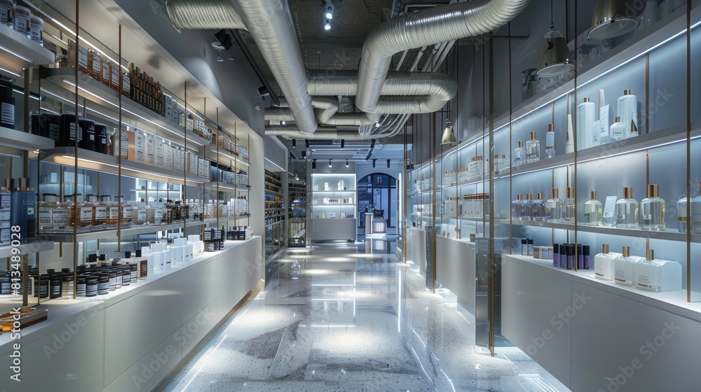 Poster A perfume store. Many shelves in a store are stocked with numerous bottles of perfume in various shapes, sizes and scents. Generative AI.