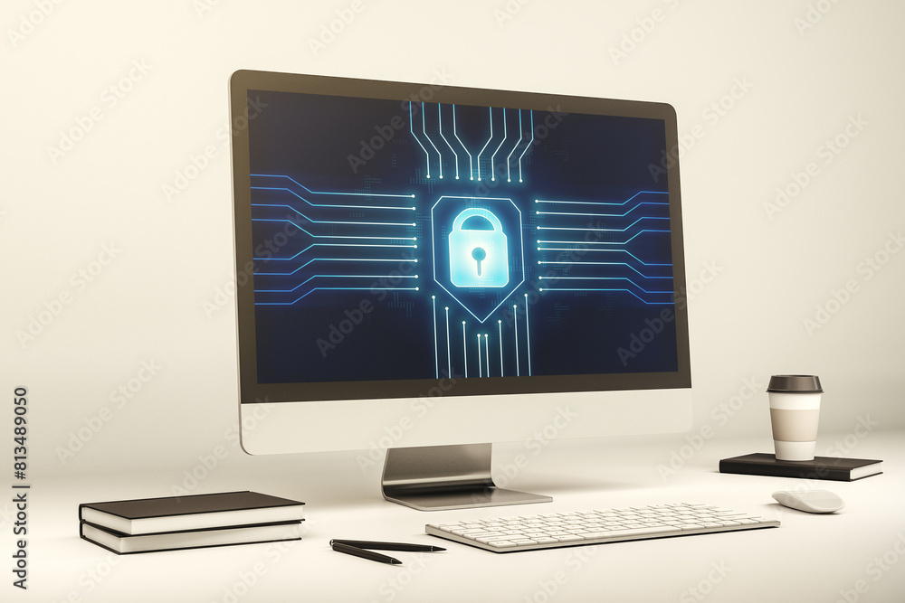 Poster Modern computer monitor with creative lock hologram and chip. Information security concept. 3D Rendering