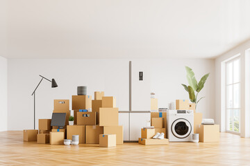 Cardboard boxes and home furniture in modern apartment interior