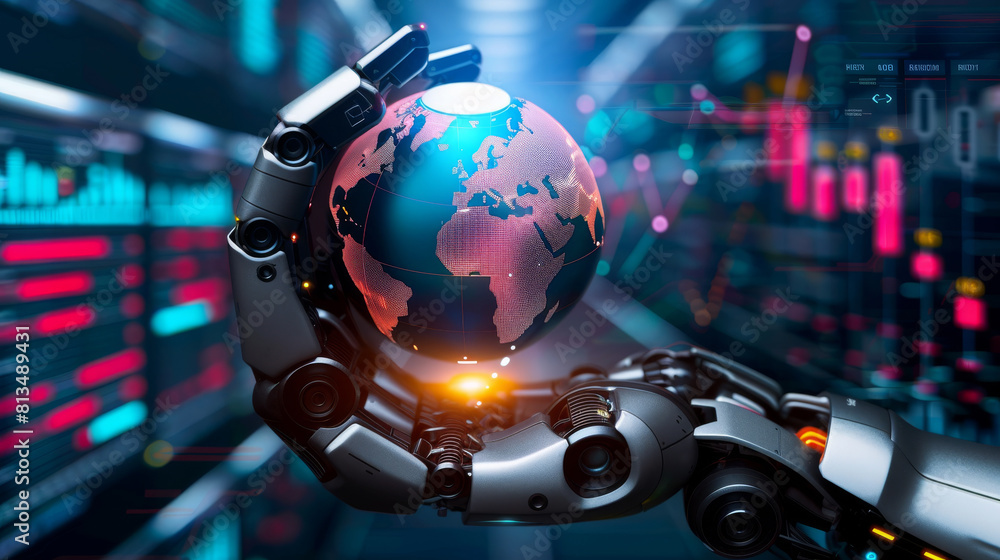 Poster robot hands holding a globe with tech and financial business element, artificial intelligence concep