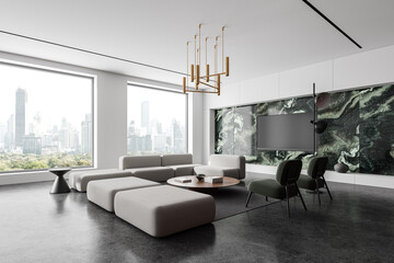 Modern hotel waiting room interior with city view of Bangkok, featuring stylish furniture and large windows. 3D Rendering