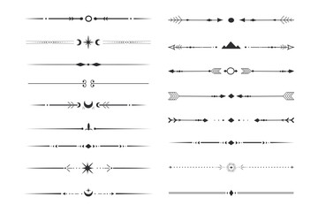 Set tribal ethnic arrow dividers, native indian bow boho in doodle style isolated on white background. Collection borders, decoration elements