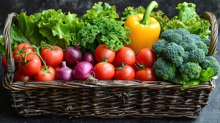 Fototapeta premium A wicker basket filled with fresh, colorful vegetables