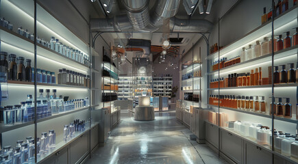 A perfume store. Many shelves in a store are stocked with numerous bottles of perfume in various shapes, sizes and scents. Generative AI.