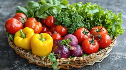 A wicker basket filled with fresh, organic vegetables, including tomatoes, peppers, lettuce, and onions