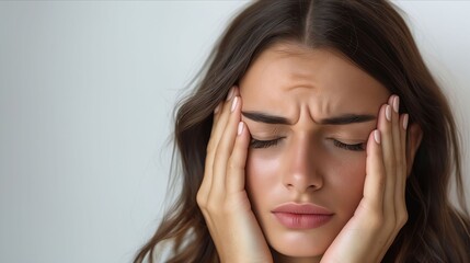 A woman holding her hands to her head with her eyes closed.