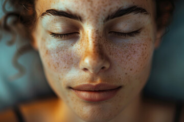 Fototapeta premium A woman is sitting with her eyes closed, practicing breathwork and meditation