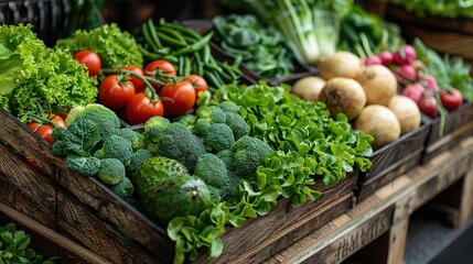 A variety of fresh vegetables are on display at a market. There are green beans, tomatoes, radishes, lettuce, and broccoli. The vegetables are all arranged in wooden crates. - Powered by Adobe