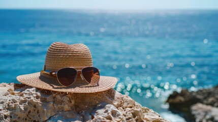A straw hat and sunglasses rest on a rock by the ocean, offering a scenic view of the water, sky, and horizon. A perfect spot for leisure and travel AIG50