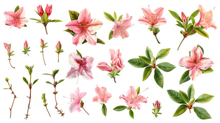 Set of azalea elements including azalea blooms, buds, petals, and leaves