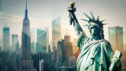 Fototapeta premium Statue of Liberty & New York Cityscape: Contemporary Minimalist Double Exposure Collage Art