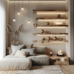 Minimalist Scandinavian living room with bespoke wooden shelving, a muted color sofa, and ambient lighting.
