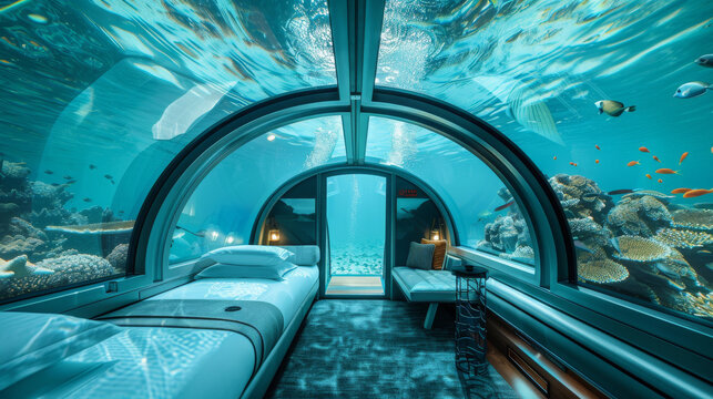 A hotel room with a large aquarium, underwater hotel suite with clear dome.