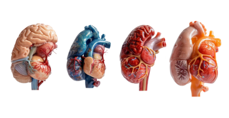 Design a series of compact plastic anatomy models showcasing the relationship between brain, heart, and lungs in the human body, ideal for educational displays