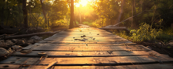 Enchanting Wooden Walkway in Forest with Sun Peeking Through Trees