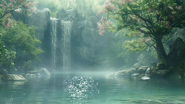 Serene waterfall in lush forest animation seamless 4k video footage looping background. generated with ai
