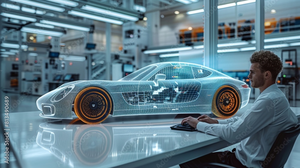 Leinwandbilder An automotive design studio using machine learning to test car aerodynamics, with engineers working on simulations and 3D models on their computers. Generative AI.