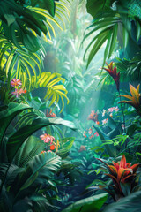 Rainforest jungle with colorful flowers for background