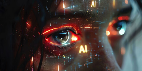 Closeup, face and woman in future with hologram, overlay and fusion with ai for human development. Eyes, text and digital transformation with vision, connection and network for tech with innovation