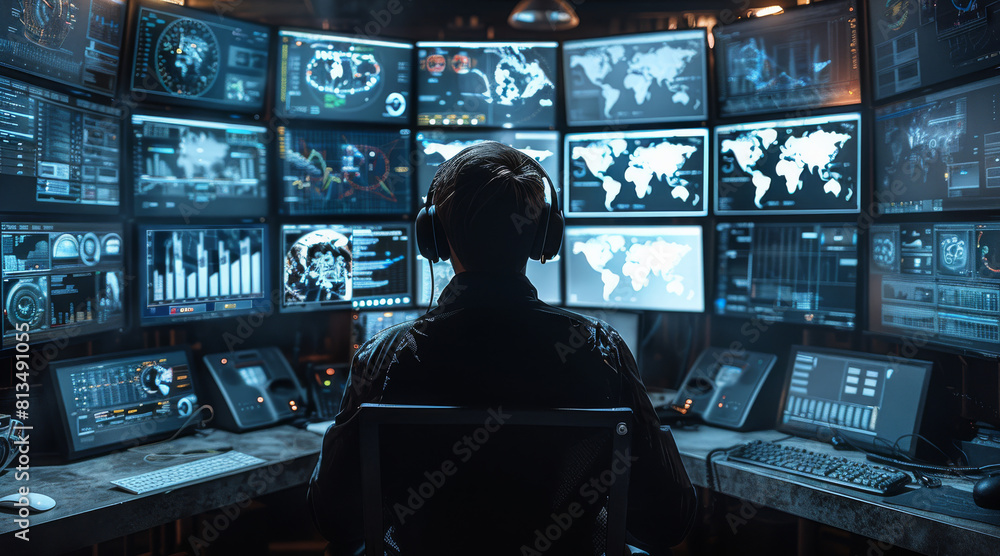 Poster a control room, men in black headquarters with monitors and stuff showing technical information and 