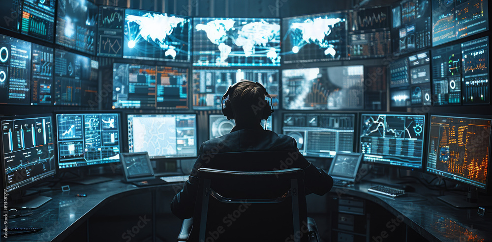 Poster a control room, men in black headquarters with monitors and stuff showing technical information and 