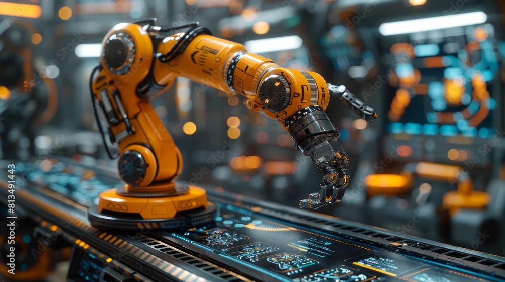 Poster high-tech robot arm operating in a modern factory setting, perfect for industrial automation scenes