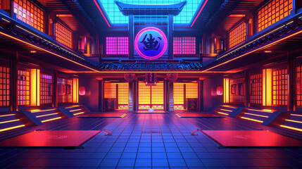 cyber samurai dojo flat design top view neonlit training ground theme animation vivid