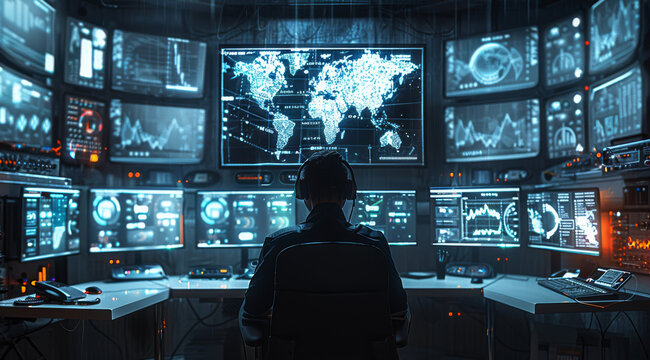 A control room, men in black headquarters with monitors and stuff showing technical information and charts. Man in chair is facing screens wearing headphones. Generative AI.