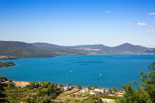 Lake Bracciano near mountains under sky at Rome, Lazio, Italy
