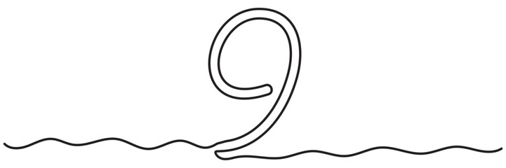 Number 9 line art silhouette. One line continuous outline vector illustration.isolated on white background. EPS 10
