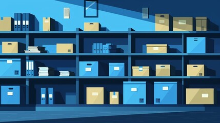 Illustration of cardboard boxes stacked on shelves in a dark warehouse, conveying an organized storage system.